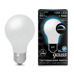 Лампа LED Filament А60 10W 860lm 4100К Е27 milky диммируемая Gauss; 102202210-D